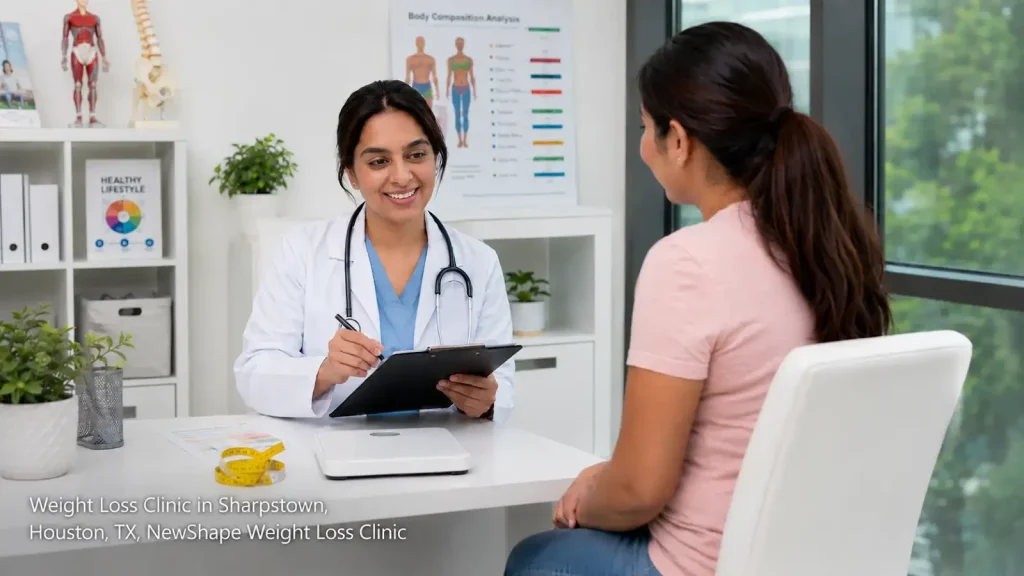 A doctor consulting a female patient about body composition at NewShape weight loss clinic houston in Sharpstown.