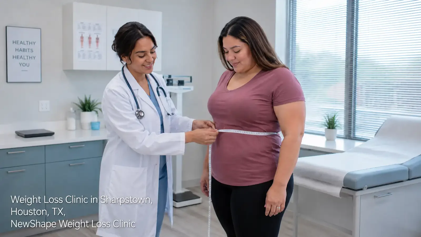 Doctor measuring a patient's waist at a professional weight loss clinic houston location to track health progress.