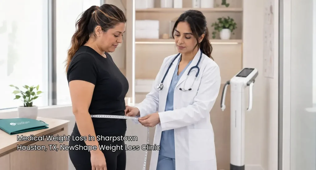 A doctor measuring a patient's waist during a personalized medical weight loss Houston visit at NewShape Clinic.