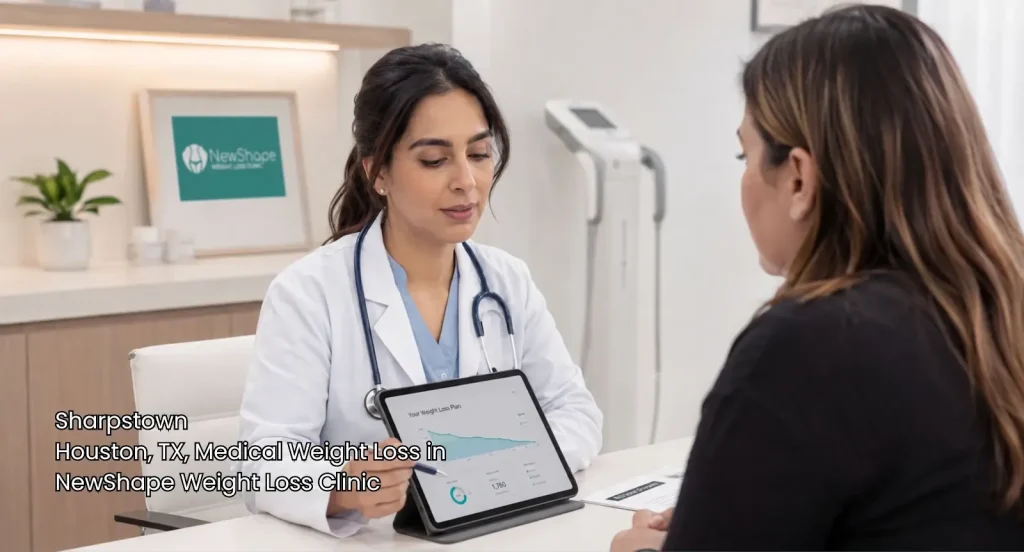 Doctor reviewing progress chart on a tablet during a medical weight loss Houston appointment at NewShape Clinic.