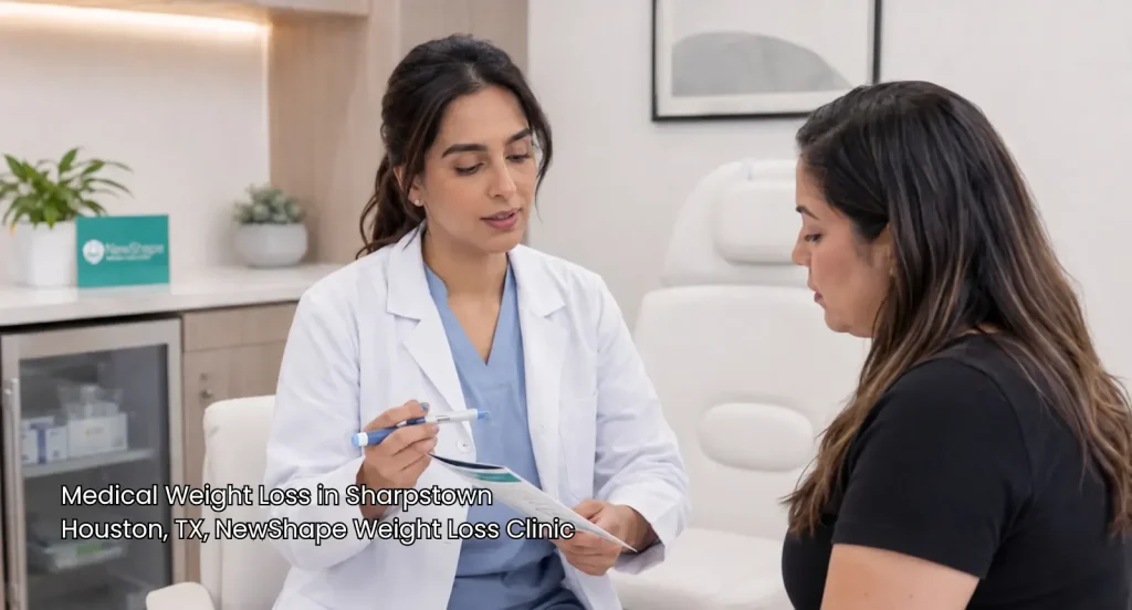 Doctor explaining a treatment plan with medication for medical weight loss Houston patients at NewShape Clinic.