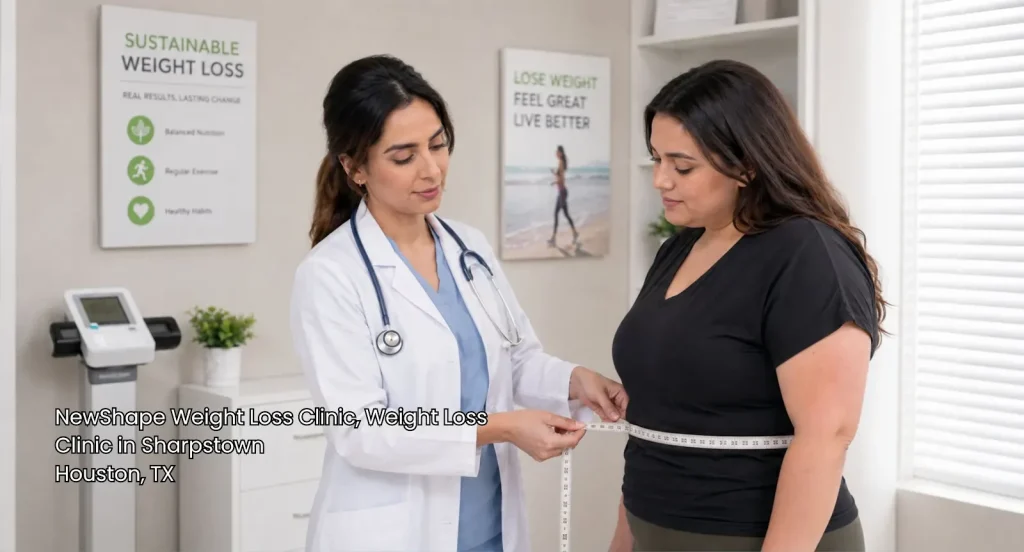 Healthcare provider measuring a patient's waistline at a premier weight loss clinic Houston location in Sharpstown, TX.