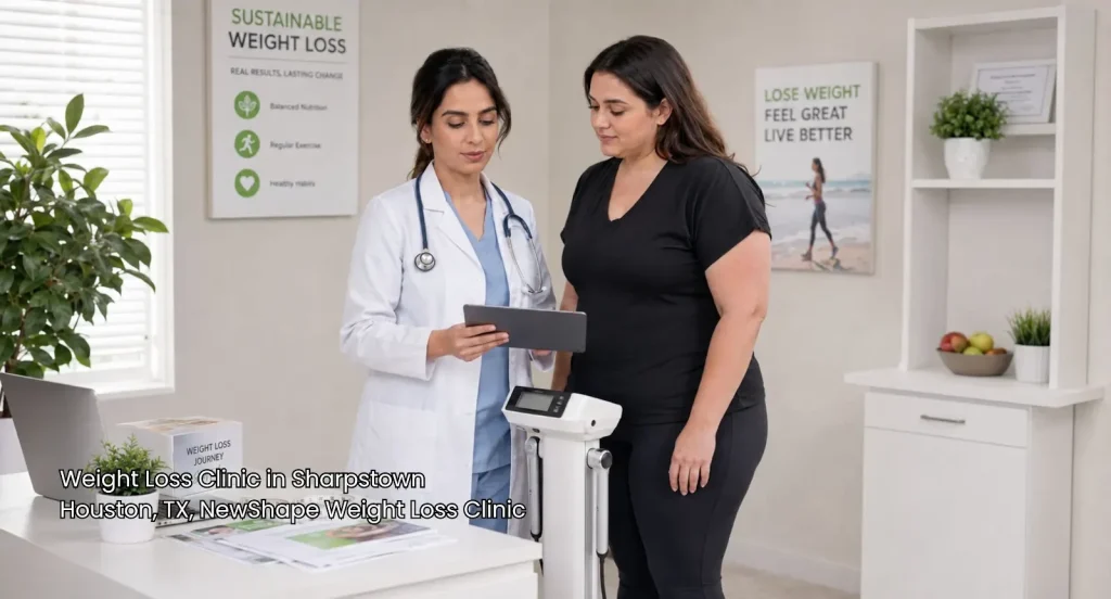 Medical professional reviewing progress on a tablet with a patient at a professional weight loss clinic Houston office.