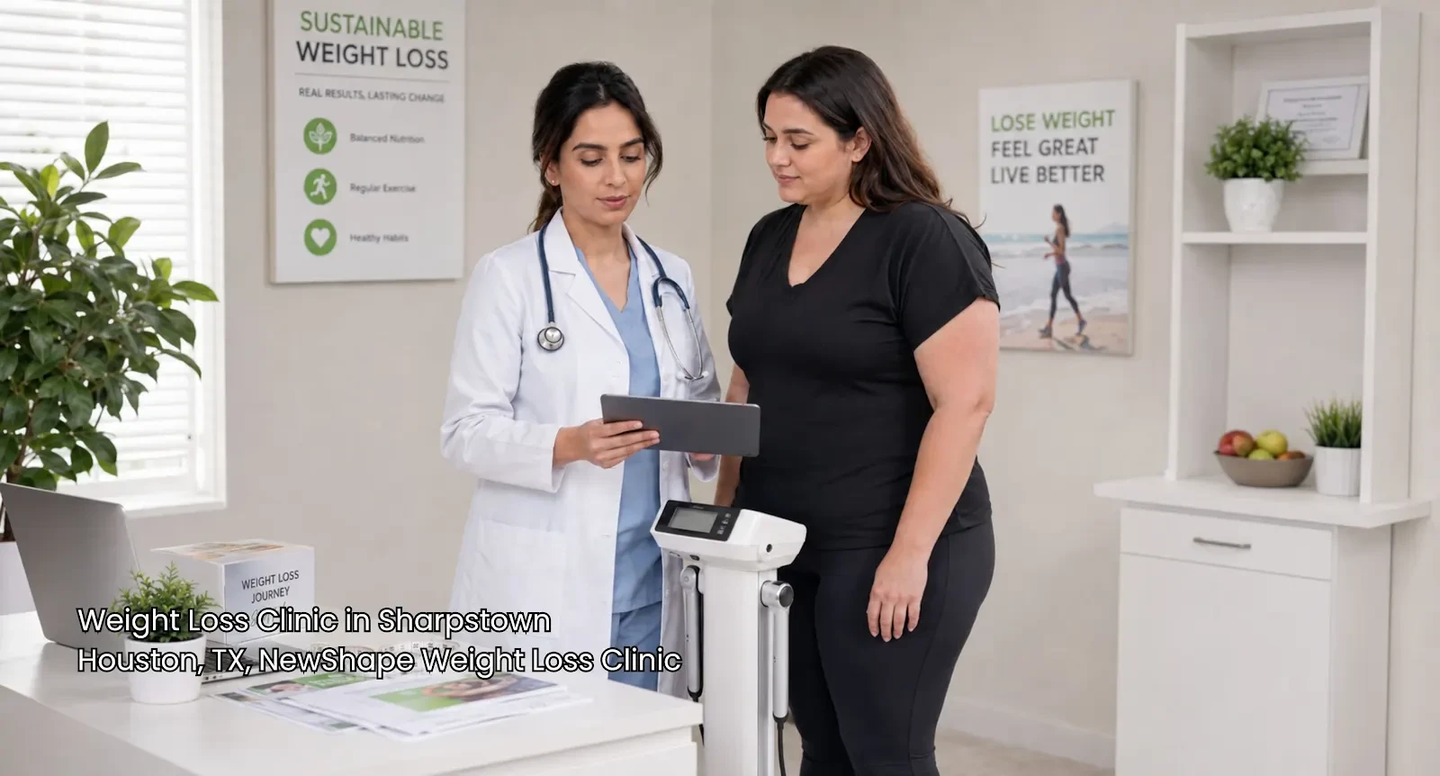 Medical professional reviewing progress on a tablet with a patient at a professional weight loss clinic Houston office.