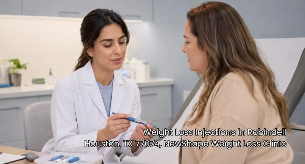 Doctor showing treatment pen during weight loss injections houston consultation at NewShape Weight Loss Clinic.