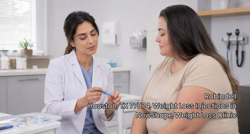 Female doctor demonstrating medication pen for weight loss injections houston treatment at NewShape Clinic.