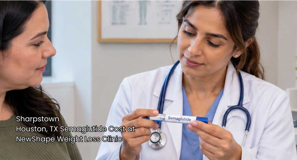 Doctor demonstrating injection pen usage and explaining semaglutide cost Houston at NewShape Weight Loss Clinic.