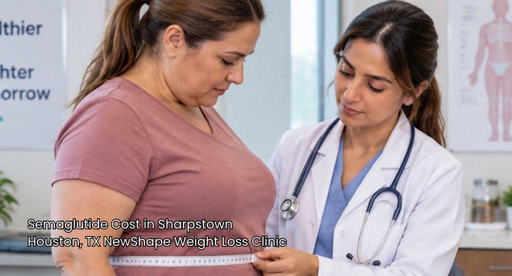Doctor measuring patient waist while discussing medical weight management and semaglutide cost Houston at clinic.