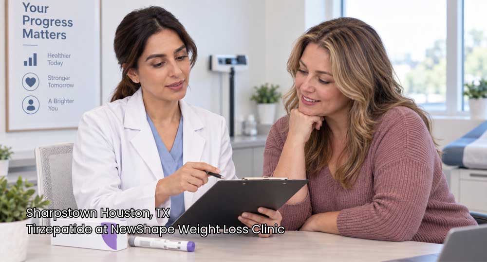 Doctor reviewing medical checklist with a patient for Tirzepatide Houston care at NewShape Weight Loss Clinic.