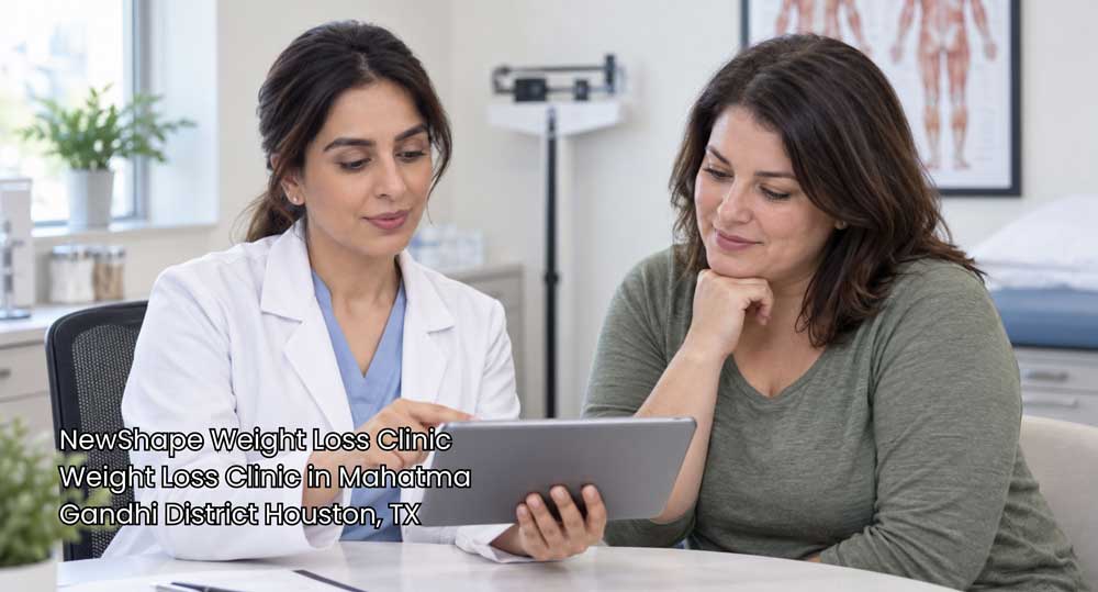 Female doctor sharing digital health results on a tablet with a patient at NewShape weight loss clinic Houston office.