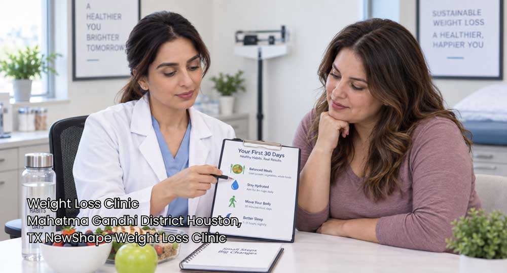Doctor presenting first 30 days wellness routine clipboard to a woman at NewShape weight loss clinic Houston facility.