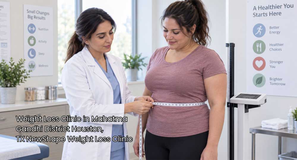 Healthcare provider measuring a female patient's waist circumference at NewShape weight loss clinic Houston TX location.