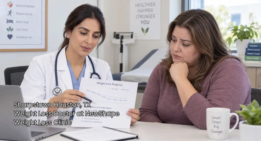 Weight loss doctor Houston consultation with a physician explaining progress reports to a concerned female patient.