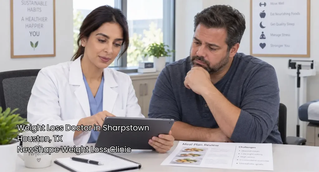 Weight loss doctor Houston specialist reviewing a custom digital meal plan on a tablet during a patient consultation.
