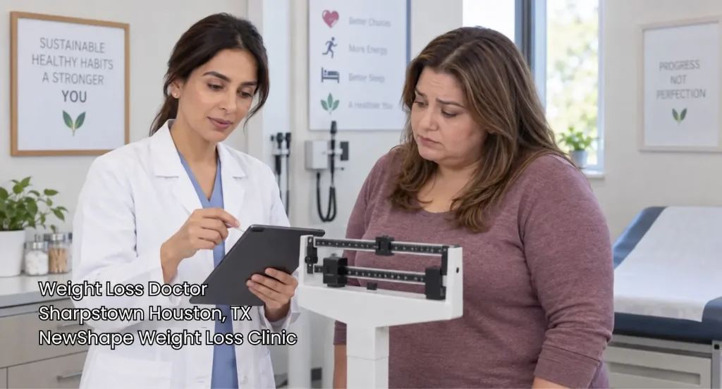 Weight loss doctor Houston consultation showing a physician showing progress charts on a tablet to a female patient.