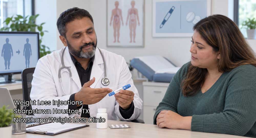 Doctor explaining pen device usage to female patient seeking weight loss injections Houston at NewShape Clinic.