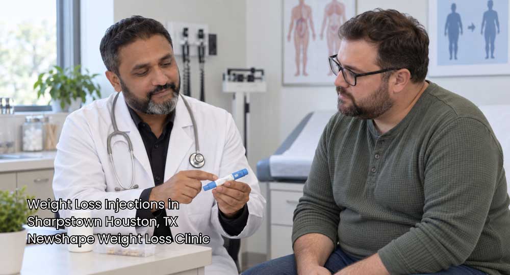 Doctor demonstrating medication pen to male patient during consultation for weight loss injections Houston.