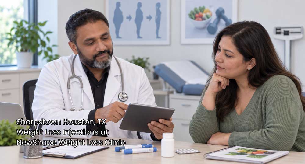 Doctor sharing digital tablet consultation results for weight loss injections Houston patient at NewShape Clinic.
